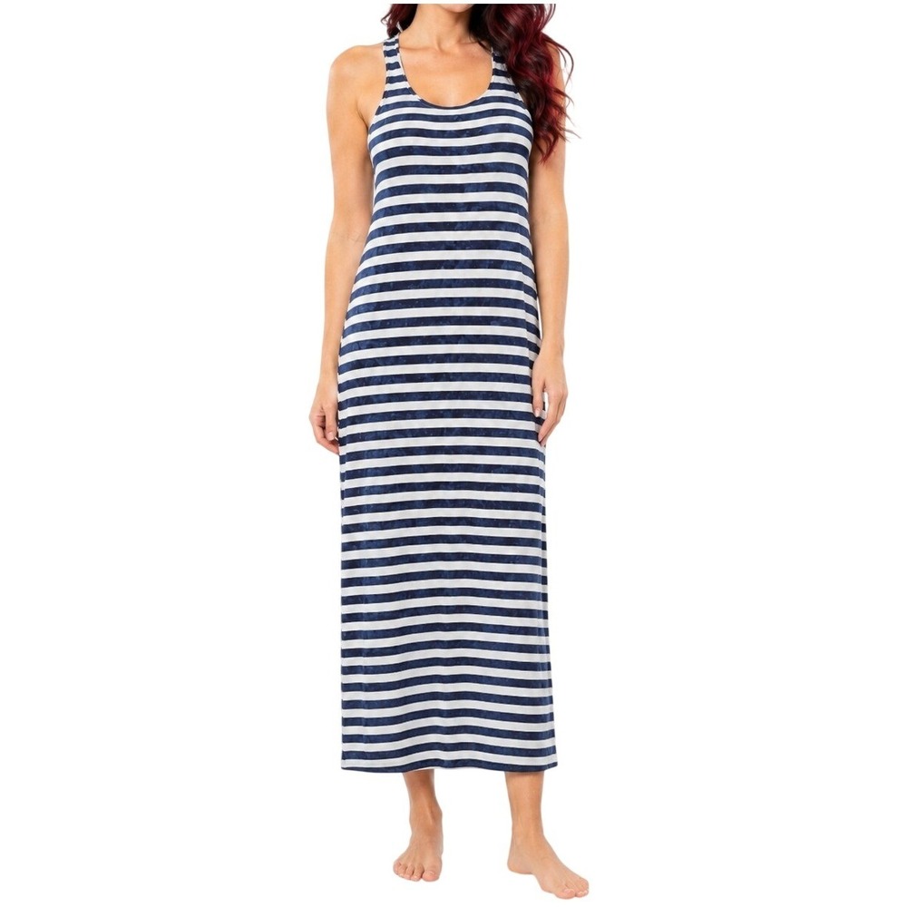 JUST LOVE Racerback Maxi Dress Small Navy Blue Striped Cotton Relaxed Coastal u